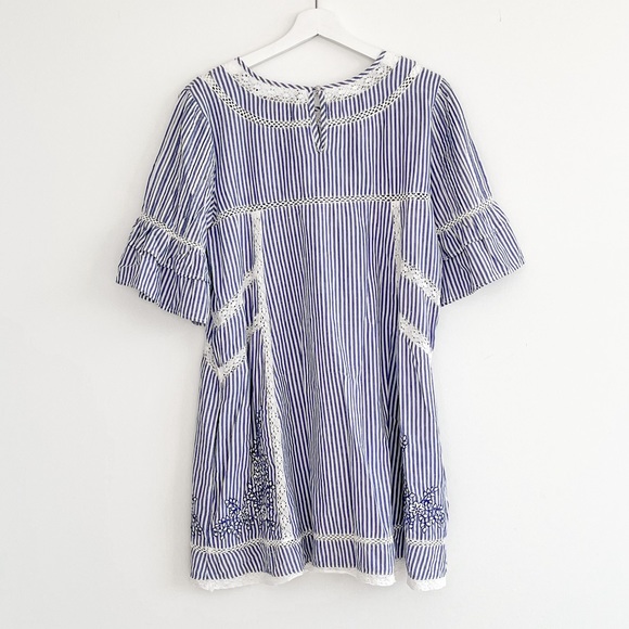 Free People Sunny Day Embroidery Crochet Striped Blue Mini Dress Medium - Picture 6 of 9